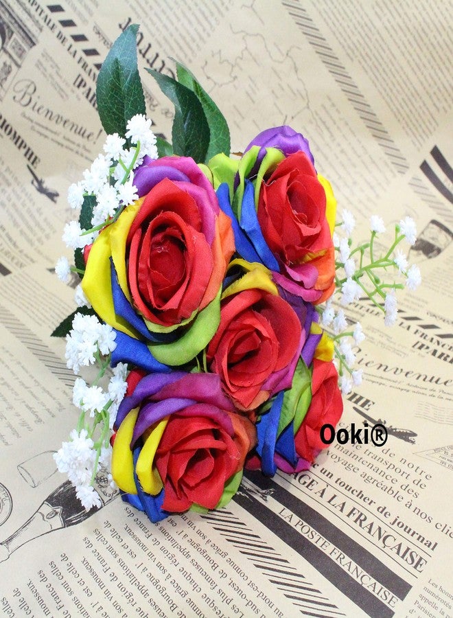 Ooki Custom Handmade Artificial Silk Rainbow Rose Toss Bouquet Bridesmaid Flower Bush Arrangement Home Decor Wedding Party Celebration Centerpiece Twine - Image 5